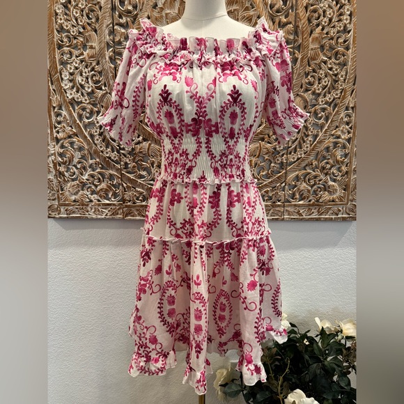 Luisa Positano Giorgio Mini Dress White & Pink Linen Amalfi Coast Italy Inspired - Picture 3 of 16